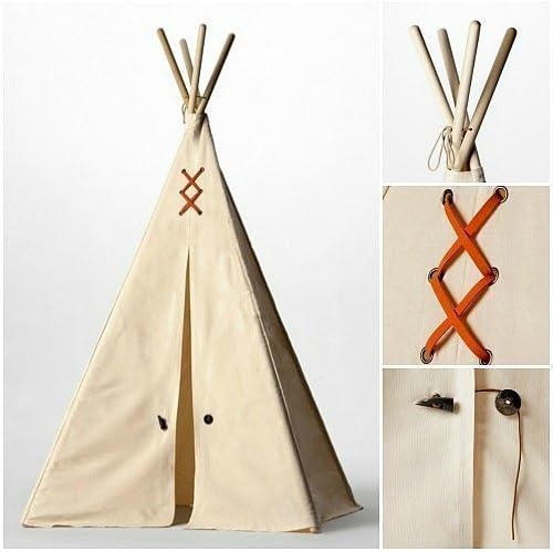 Teepee Play Tent for Kids - Natural Canvas with Orange Suede Straps, Brass Grommets & Horn Buttons. Childrens Teepee. Made in NYC.