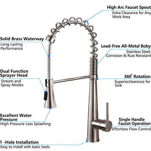 Hotis Stainless Steel Single Lever Handle Pull Down Sprayer Kitchen Faucet, Kitchen Faucets Brushed Nickel Finish - Thumbnail 5