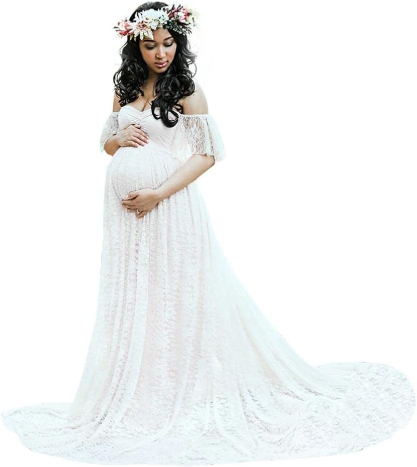 Maternity Maxi Lace Photography Dress Trailing Short Sleeve Pregnancy Gown for Photoshoot