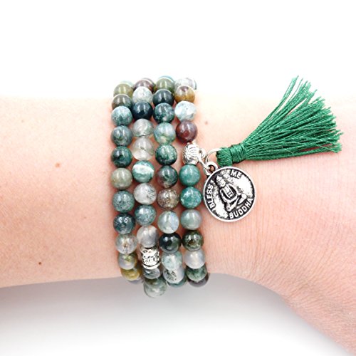 Malahill Mala Beads Bracelet, Buddhist Mala Prayer Beads, Buddha Bless Me Statement Necklace (Indian Agate)