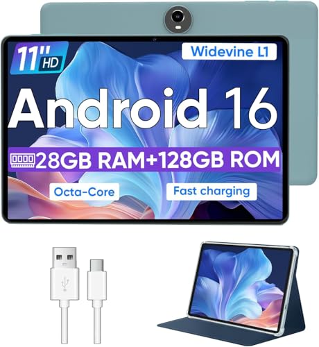 WXUNJA Android 16 Tablet,11 Inch Tablets with Octa Core Processor, 28GB RAM 128GB ROM 1TB Expand, Widevine L1, 8000mAh Battery, 2.4/5Ghz Dual WiFi/GPS/FM, 5/8MP Cameras, Case Included, Blue