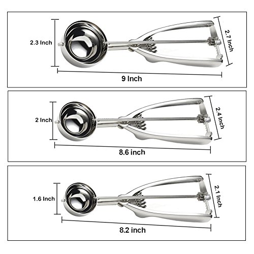 Ice Cream Scoops,Stainless Steel Trigger Ice Cream Scoop Set,Melon Baller Fruit Melon Baller, Melon Scoop Spoon Set of 3 (Small,Medium,Large)