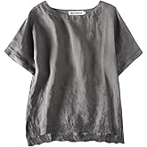 Minibee Women's Summer Linen Tunic Shirt High Low Hem Embroidery Blouse Top