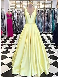 BBCbridal - Vestido de baile de satén con cuello en V para mujer, espalda larga, espalda abierta, formal, con bolsillos