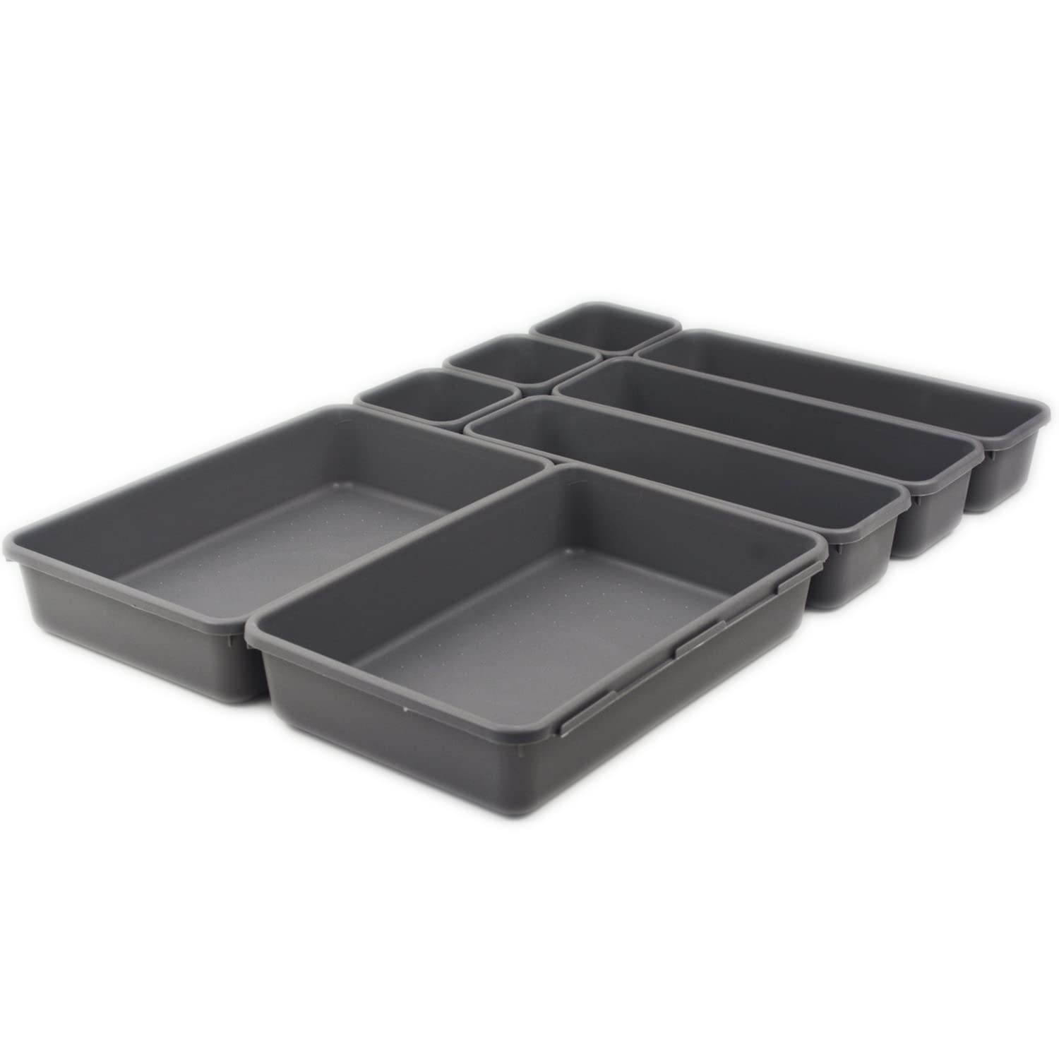 SUPPRUI Drawer Organiser Trays, Set of 8,Drawer Dividers For Make-up Organiser for Bedroom, Bathroom, Office, Kitchen - Drawer Organisers For Cosmetics, Stationery(Grey)