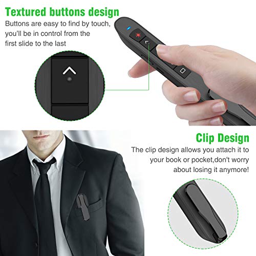 DinoFire Wireless Presenter Remote with Green Light, Rechargeable PowerPoint Clicker,RF 2.4GHz Presentation Pointer Slide Advancer with Hyperlink Volume Control