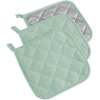 DII 100% Cotton, Terry Pot Holder Set Machine Washable, Heat Resistant, 7 x 7, Mint, 3 Piece