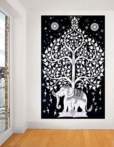 Indian Elephant Tree Tapestry,Good Luck White Elephant Tapestry, Hippie Gypsy Wall Hanging, Tree of Life Tapestry, New Age Dorm Tapestry (White/Black), Twin Wall Decoration