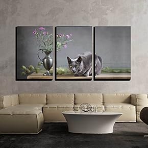 3 Piece Canvas Wall Art - Still-Life with Flowers and Russian Blue Cat - Modern Home Art Stretched and Framed Ready to Hang - 16"x24"x3 Panels