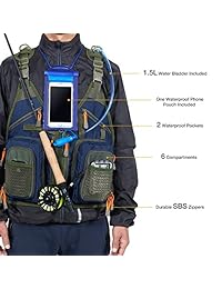Piscifun Chaleco de pesca Mochila Tamaño ajustable Paquete de chaleco de pesca con mosca para aparejos y equipo Incluye vejiga de agua y funda impermeable para teléfono