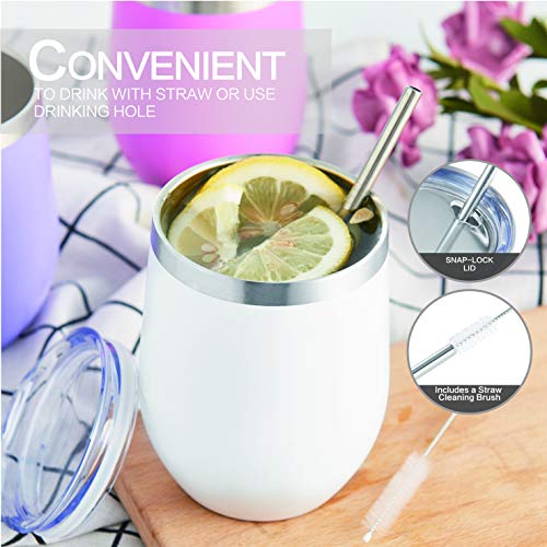 HITSLAM Wine Tumbler 12oz Stainless Steel Tumbler Vacuum Insulated Wine Glass Double Wall Coffee Mug for Champaign, Beer, Office use includes Straw Lid, Straw, Cleaning Brush (White)