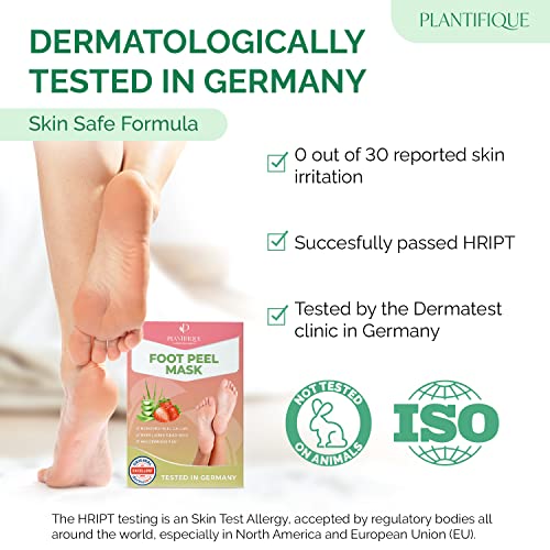 Plantifique Foot Peel Mask – 2 Pairs Exfoliating & Dermatologically Tested Foot Treatment, Removes Dead Skin & Repairs Heels for Soft Feet – Strawberry Scent, Gift for Women & Men