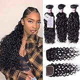 UNice Hair Icenu Series 8A Grade Brazilian Water Wave 3 Bundles with Lace Closure Free Part 100% Unprocessed Virgin Human Hair Weave Extensions (18 20 22+16 closure)
