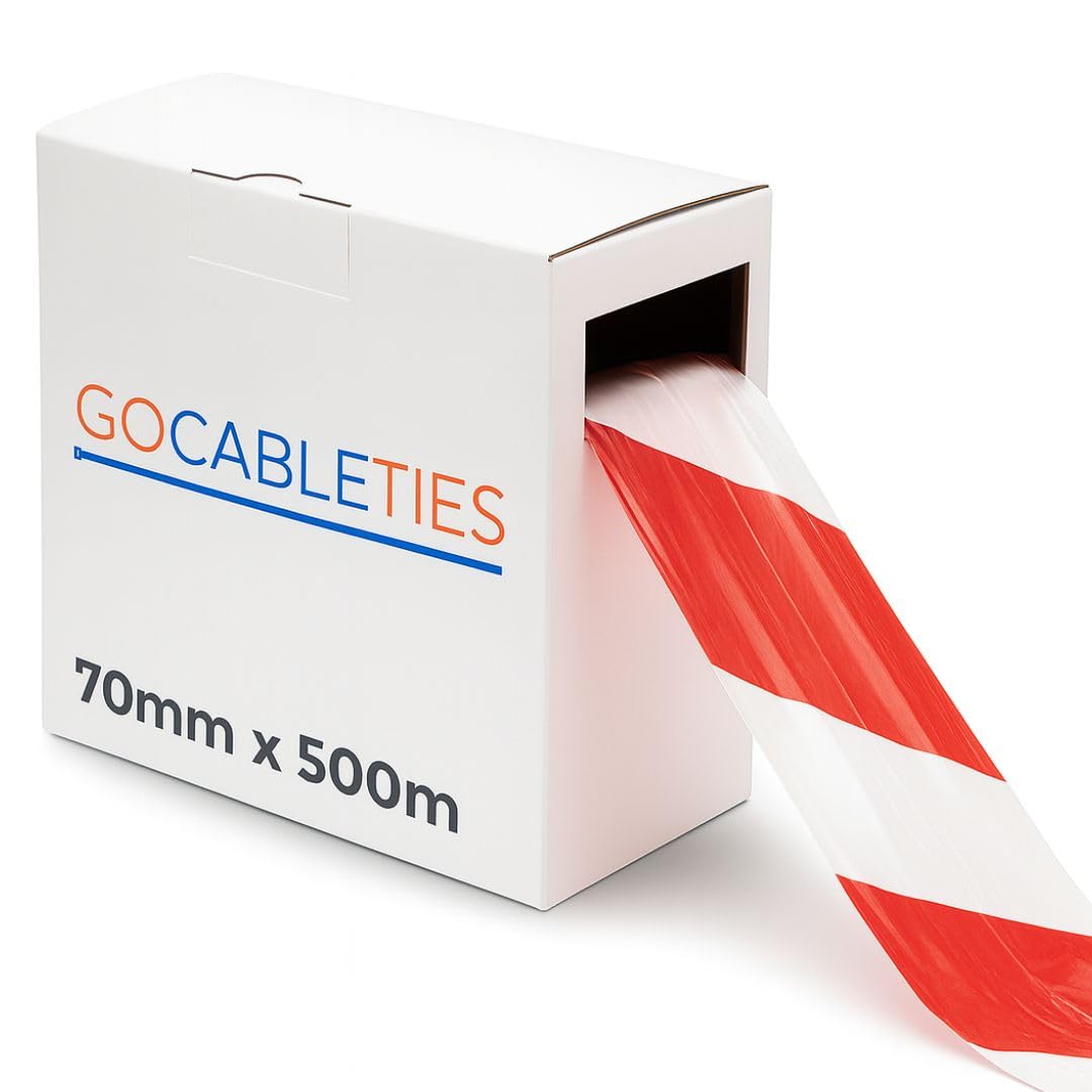 Gocableties Red/White - 70mm x 500m Barrier Tape - Non Adhesive Warning Box, Caution Tape,Plastic Barrier Cordon Off Tape