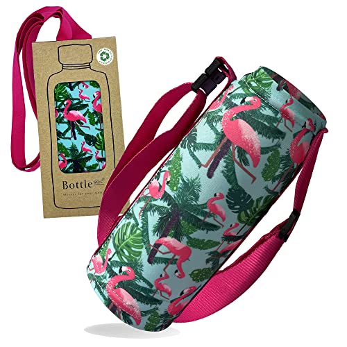 Bottlesoc Water Bottle Carrier with Shoulder Strap | Flamingo Design - Washable Cover for Walking & Travel | Eco Friendly Sleeve with Adjustable Strap | Stretchable & Reusable Water Bottle Holder