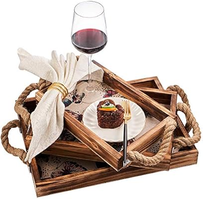 3pcs Wood Serving Tray With Jute Rope Handle Vintage Rustic