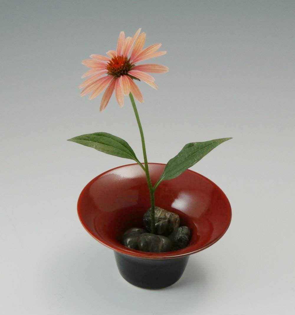 Ikebana Style Vase in Cranberry Red, Low Profile Flower