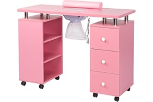 OmySalon Manicure Table Nail Desk for Nail Tech, Nail Table Beauty Salon Tech Station w/Electric Downdraft Vent, Lockable Wheels,Wrist Cushion,Storage Shelves & Drawers (Pink)