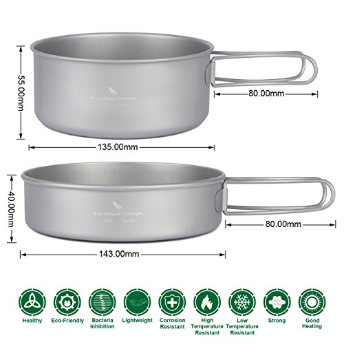 iBasingo Titanium Pot Pan Spoon Spork Mini Stove Sets Outdoor Camping Cooking Sets with Folding Handle Ultralight Portable Dinnerware Cookware Sets for Picnic Travel (Pan & Big Pot (Ti1576I))