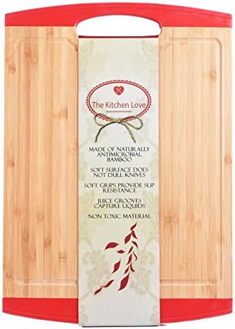 The Kitchen Love Large Wooden Bamboo Cutting Board -Anti slip-Chopping Board with Juice Groove and Handle-Anti microbial- Chopping and Serving Tray-Silicone Edges-Crack Resistance