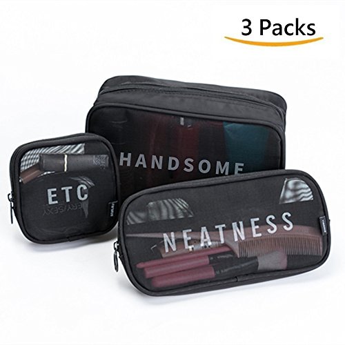 Clear Cosmetic Bag See Through Makeup Bag Mesh Pouches Travel Toiletry Bags Transparent Mesh Zippered Organizer Cases Carry On TSA Approved Bags (3 Sizes, Black)