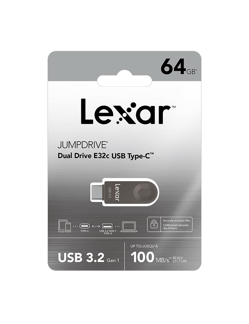 Lexar E32C 64GB Type-C USB Flash Drive, USB-A&USB-C 3.2 Gen 1 Dual Drive OTG 100MB/s Read, Thumb Drive Swivel Design Jump Drive for USB 3.0/2.0, Memory Stick for Android Smartphone, Laptop, PC