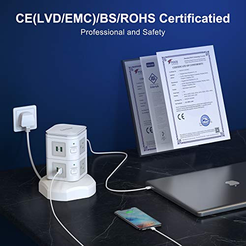 bedee Tower Extension Lead, Surge Protector Extension Lead with 4 USB Slots and 6 Outlet Plugs, Power Strip Tower with 10W Fast Wireless Charger, 6ft Extension Cable