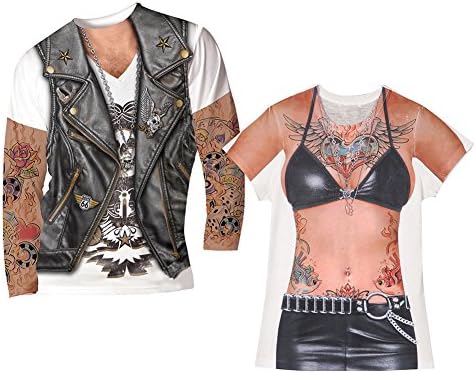 Unisex-Adult Couples Tattoo Biker Tee Set- Large Men's Shirt &amp; Medium Women's Shirt