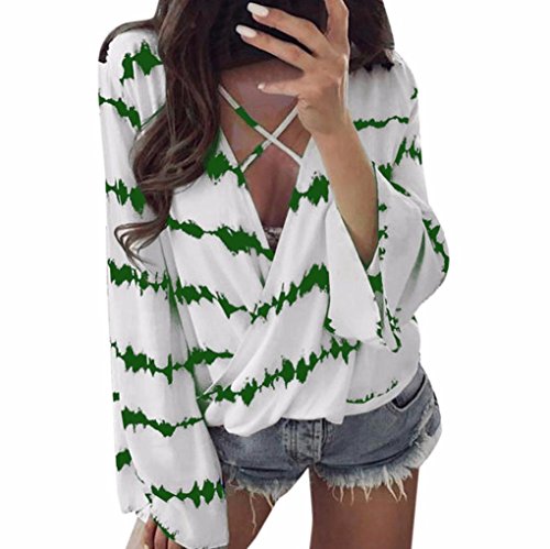 Vovotrade Women's Fashion Loose Long Sleeve Printed Tops Chiffon Casual V-Neck Blouse T Shirts (S, Green)