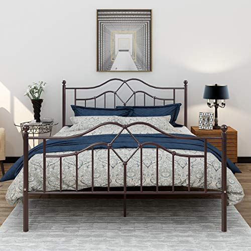 Metal Bed Frame Queen Size Bronze Modern American Style Mattress Headboard Footboard Heavy Duty Steel Slabs