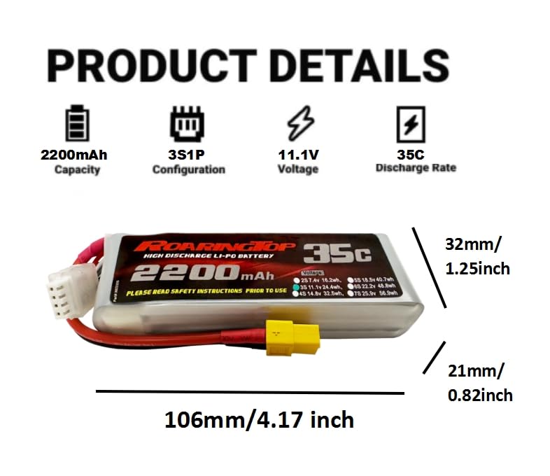 RoaringTop 2200mAh 3S1P 11.1V 35C Li - Po Battery with XT60 Plug for RC Aircraft (2 Packs)