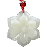 Oligage Natural White Jade Flower Pendant Jadeite Necklace Charm Jewellery Fashion Accessories Hand-Carved Luck Amulet Sweater Chain