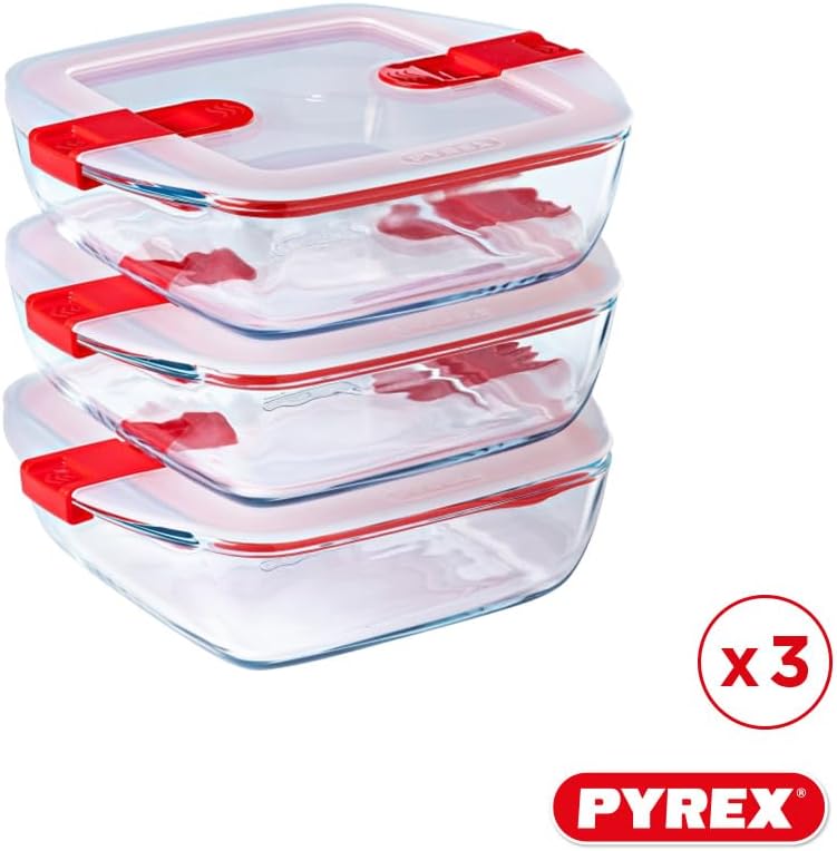 Cook & Heat - Lot de 3 Boites Carrées Identiques - 1L - Verre Borosilicate - LunchBox - Couvercle Hérmétique spécial Micro-Onde - Made in France