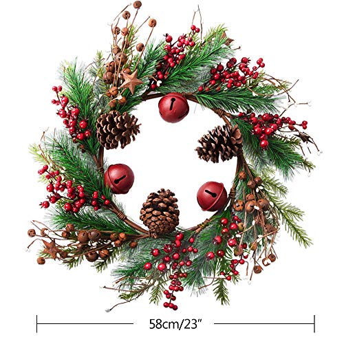 HOLICOLOR Christmas Wreath, Garland with Bells and Stars, 23Ã—23inch Christmas Door Decoration, Holiday Decoration
