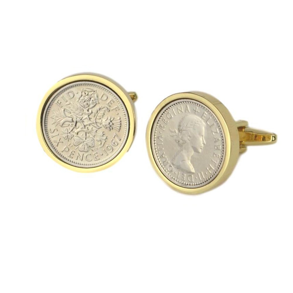 Polished Sixpence Gold Mount Cufflinks | 1967 Anniversary Coins 57th Birthday
