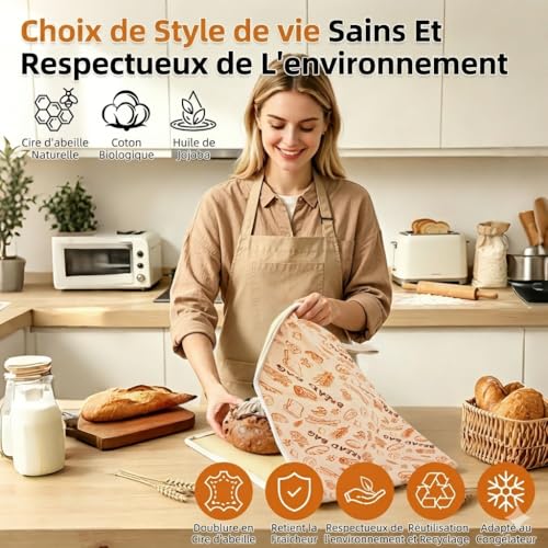 AHJ Sac a Pain Cire Abeille avec Fermeture Éclair, Lot de 2 Sacs de Conservation Pain Réutilisables 43 x 33 cm, Sac à Pain en Coton pour Pain au Levain Fait Maison, Baguette, Fruits et Légumes