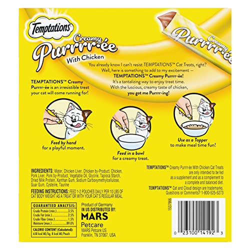 TEMPTATIONS CREAMY PUREE WITH CHICKEN, LICKABLE CAT TREATS, 0.42 OZ POUCHES, 24 COUNT