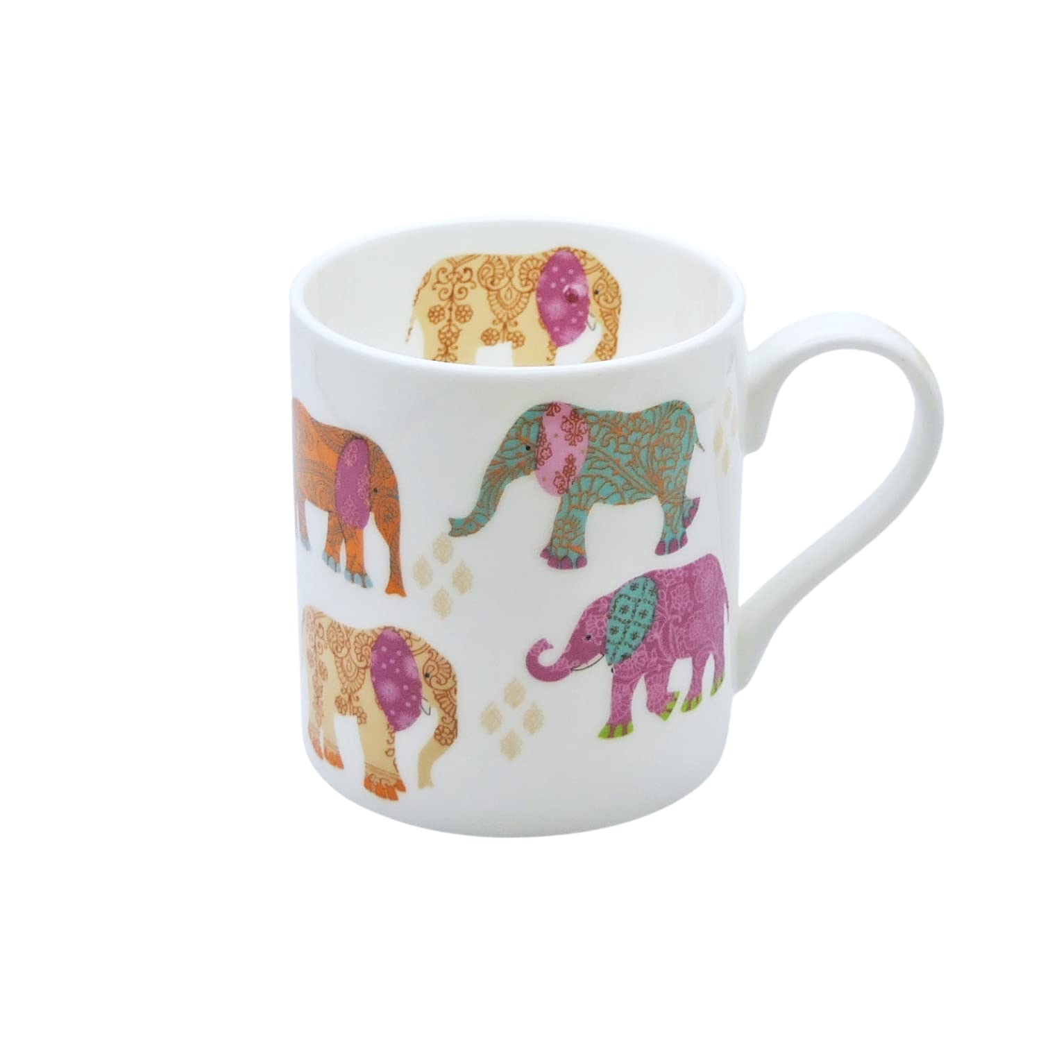ROCK THE HOME Straight Sided Colour Elephants Mug – White Fine English Bone China Cup, Made and Hand Decorated in England, Dishwasher Microwave Safe, Coffee Tea Latte Americano (10 fl oz, 295 ml)