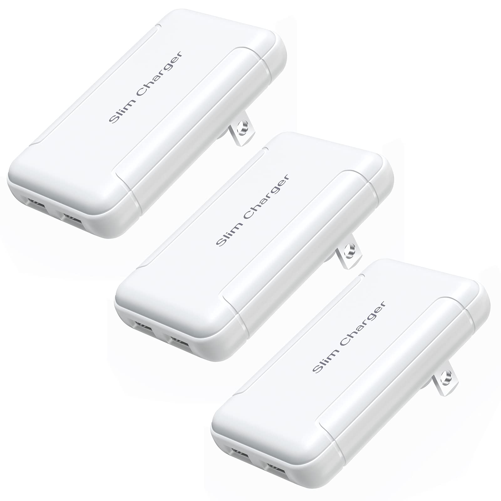 Flat USB Wall Charger, OKRAY 3-Pack Extra-Slim 5v/3a Fast Charging Block with Foldable Plug, Dual USB-A Ports Charging Blocks Adapter Plug for iPhone 15 14 13 12 11 XR XS, iPad, Galaxy S24 A16, Switch