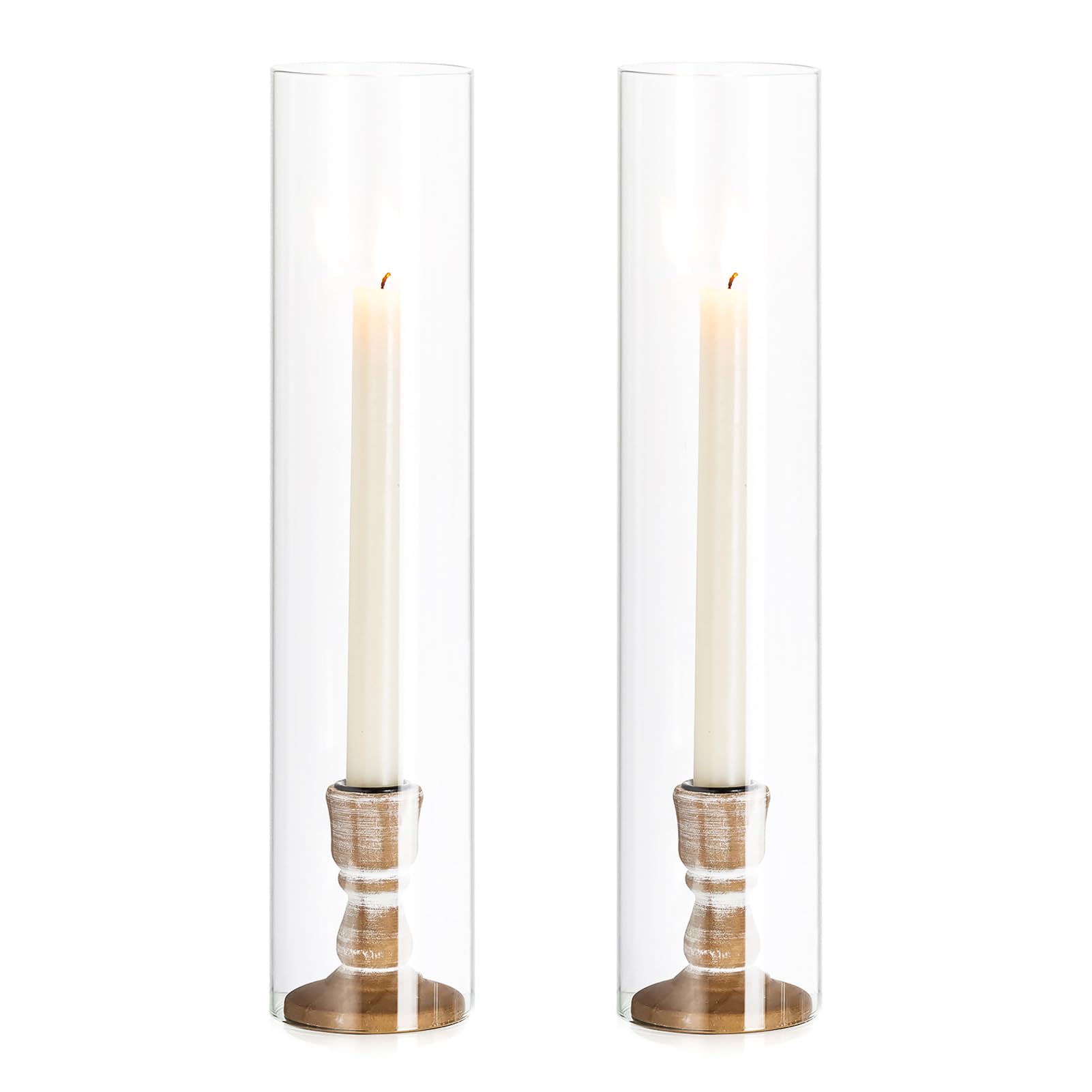 NUPTIO Hurricane Wooden Candlestick Holder: Set of 2 Glass Cylinder Shade 35cm Tall Candle Holders for Taper Candle Stick Clear Open Ended Candleholder Party Wedding Centrepieces for Tables