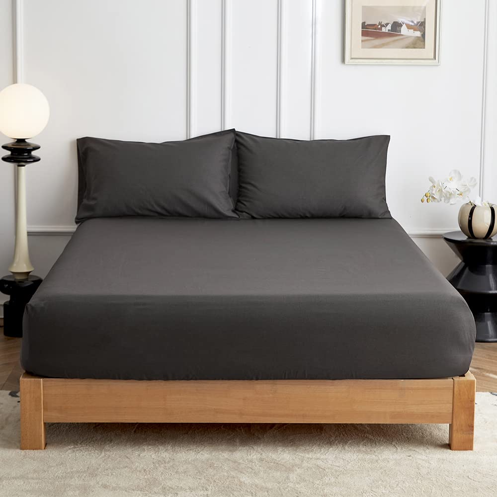 Simple&Opulence Double Fitted Sheet,35 Deep Pocket Bed Sheet Double,55% Linen 45% Cotton,Breathable Soft Bottom Sheet,137x190m,Charcoal Grey