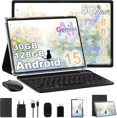 Dghrti 10 Inch Tablet [30GB+128GB, 8000mAh] Android 15, IPS Screen, Octa-Core, Widevine L1/GMS Certification/Parental Control, Tablets Metal Body with Mouse, Keyboard - Classic Black
