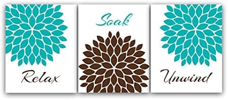 Aqua Brown Bathroom Decor Relax Soak Unwind Floral Bathroom Art Set Of 3 Bath Art Prints Bath35 Amazon Co Uk Kitchen Home