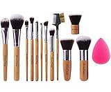 EmaxDesign 12+1 Pieces Makeup Brush Set, 12 Pieces Professional Bamboo Handle Foundation Blending Blush Eye Face Liquid Powder Cream Cosmetics Brushes & 1 Piece Rose Red Beauty Sponge Blender