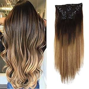 Laavoo 16 Inch Dip Dye Real Clip In Human Hair Extensions Balayage Ombre Color 2 Darkest Brown