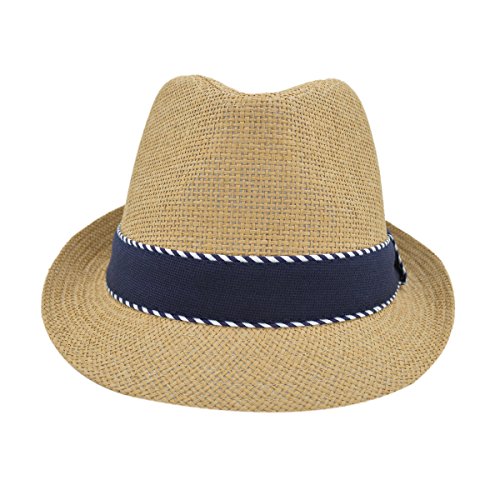 Premium Classic Fedora Straw Hat with Navy Striped Trim Band, Tan