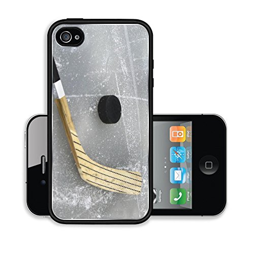 Luxlady Premium Apple iPhone 4 iPhone 4S Aluminium Snap Case a hockey stick and puck on the ice IMAGE ID 1478049