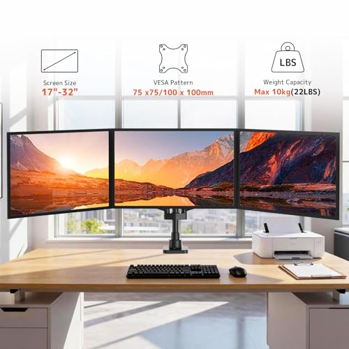 PUTORSEN Monitor Mount 3 Monitors for 17-32 Inch Screens, 10 kg per Arm, Adjustable Monitor Mount 3 Monitors with Heavy Duty Clamp and Feed-Through Mount, VESA 75/100 mm