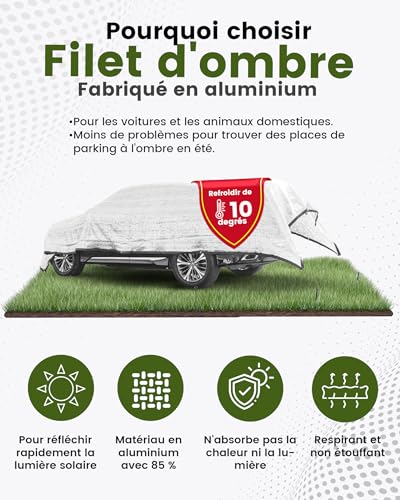 Ezcasch Car Shade Netting for Dogs, 3x4 m, 85% Aluminium, Sun Shade Netting for UV Protection Outdoor with Elastic Cord, 5M Nylon Rope, Nails