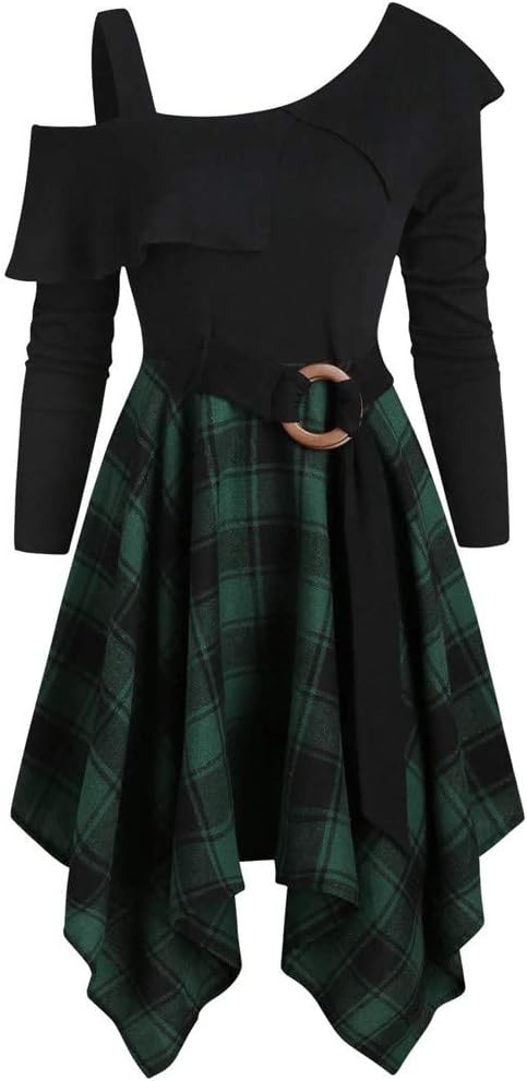 Eaktool Womne Plus Size Plaid Skew Neck Belted Irregular Handkerchief Dress Gothic Dress